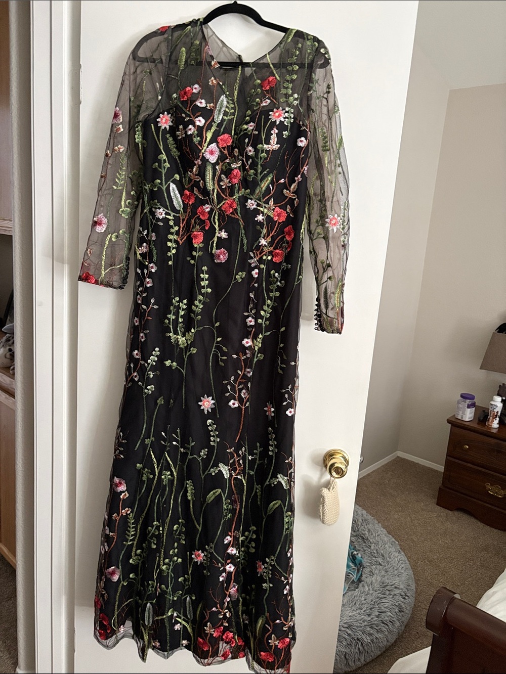 JJs House Black Long Sleeve Floral Embroidered Evening Gown